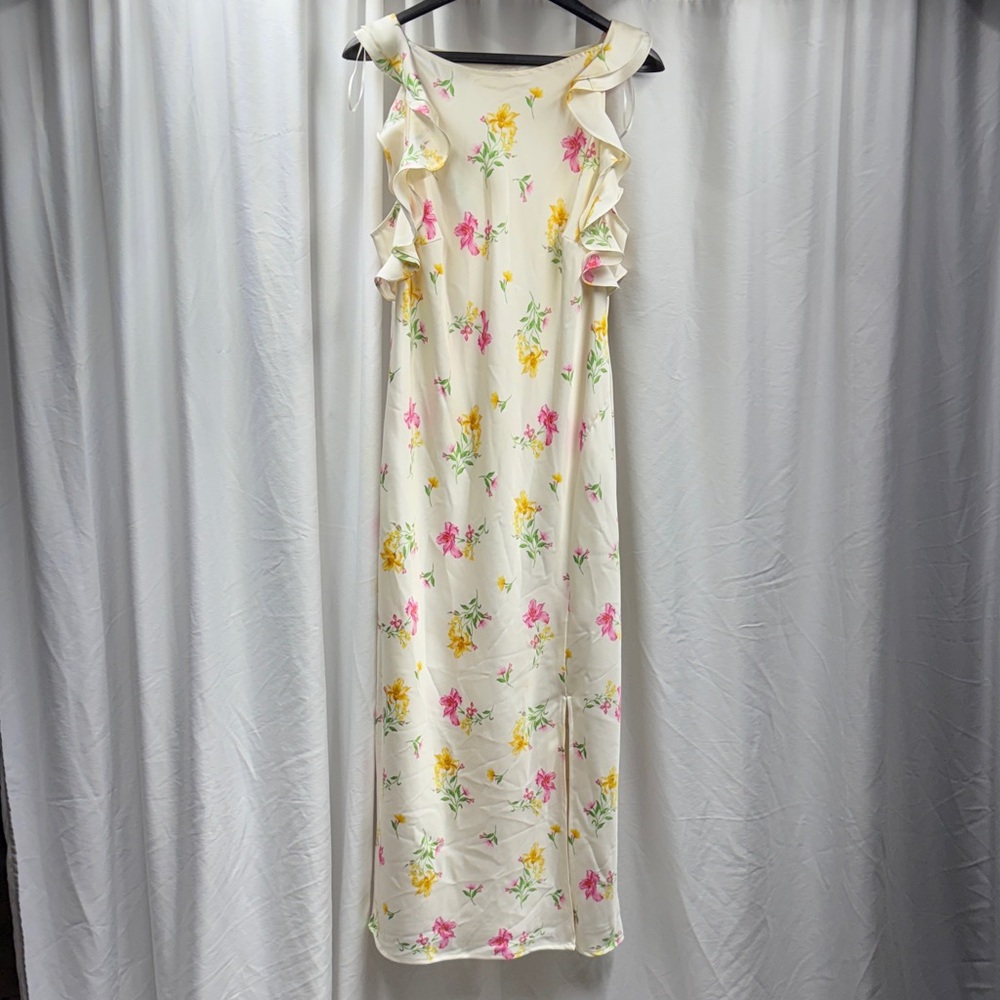 NWT Fairycore Ivory Floral Ruffle Strap Maxi Dress Side Slit Cottagecore